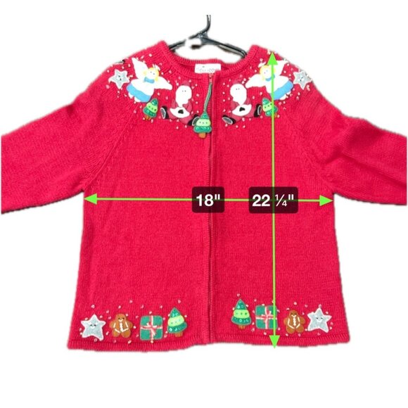 Heirloom Collectibles Christmas Sweater Red Santa Angel Beaded Zip Front Size 16 - Picture 8 of 8